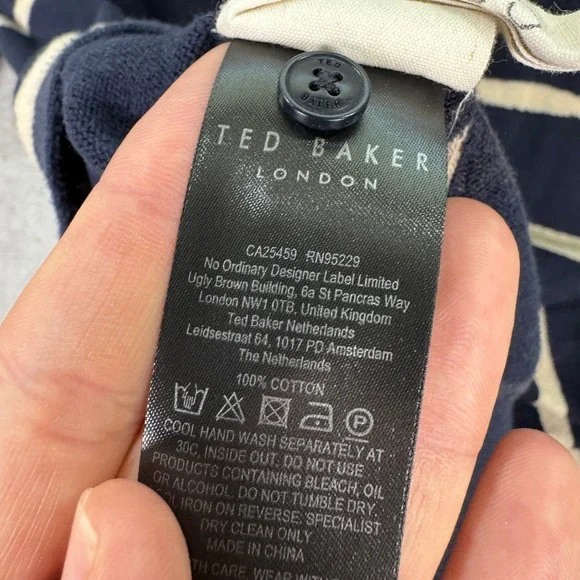 Ted Baker London Mens Size 5 XL Knit Polo Shirt Navy Blue Cream Striped Cotton - Picture 7 of 7